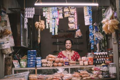 Latha, shop owner, in her shop